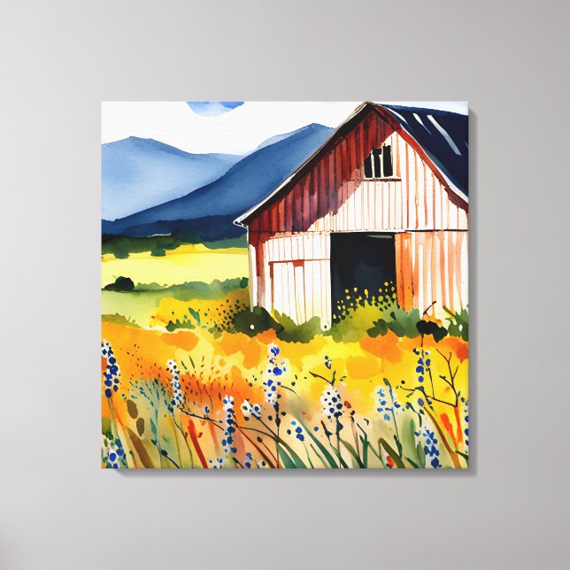 Rustic Watercolor Barn Flower Field Canvas Print (Front)