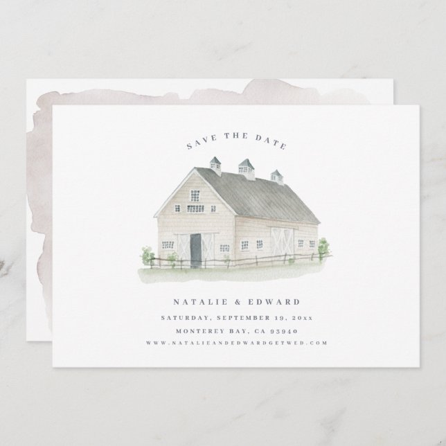rustic watercolor barn wedding save the date (Front/Back)