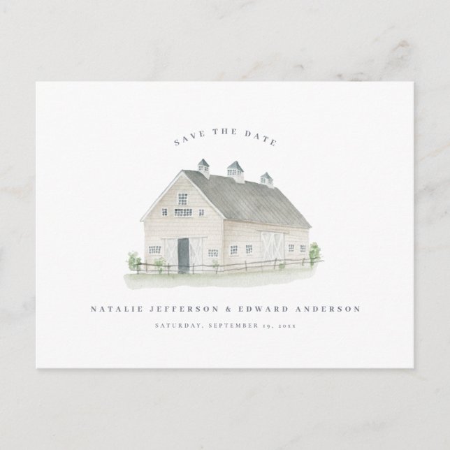 rustic watercolor barn wedding save the date postcard (Front)