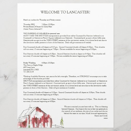 Rustic Watercolor Barn Wedding Welcome Bag Letter Letterhead