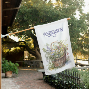 Rustic Watercolor Basket of Wildflowers House Flag