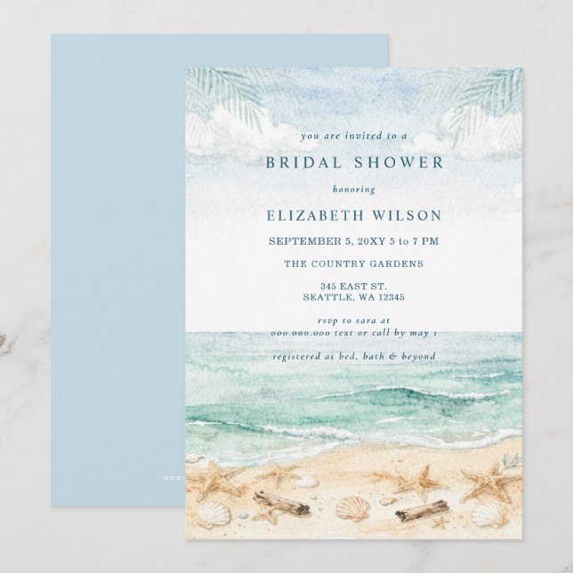 Rustic Watercolor Beach Bridal Shower Invitation (Front/Back)