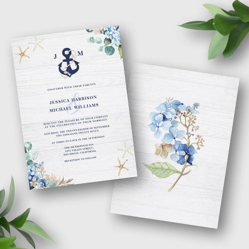 Rustic Watercolor Beach Floral Anchor Wedding Invitation