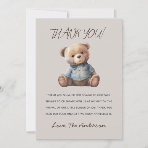Rustic Watercolor Bear Baby Shower Thank You Card