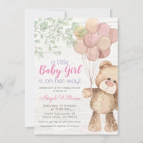 Rustic Watercolor Bear Balloons _ Girl Baby Shower Invitation