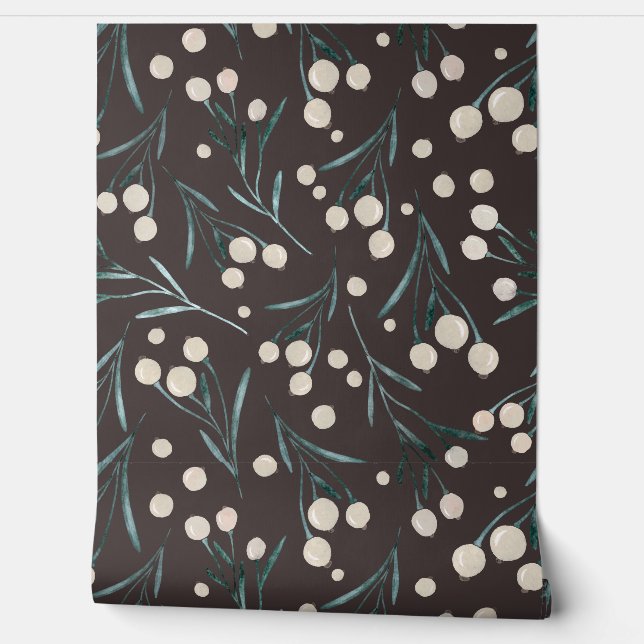 Rustic watercolor berries -  brown, teal, ecru wallpaper  (Unrolling)