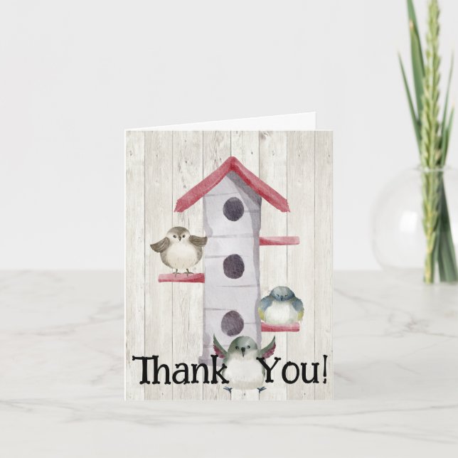 Rustic Watercolor Birds and Birdhouse Thank You Card (Front)