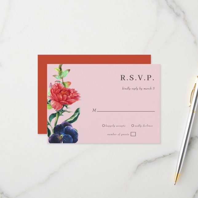 Rustic Watercolor Blooms Floral Wedding RSVP Card (Front/Back In Situ)