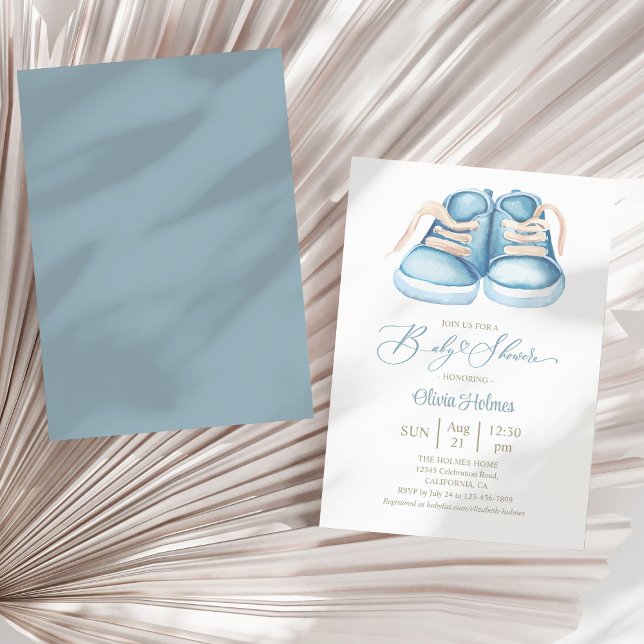 Rustic Watercolor Blue Baby Shoe Baby Shower Invitation (Rustic Watercolor Blue Baby Shoe Baby Shower Invitation on a sunny white dry palm leaf.)