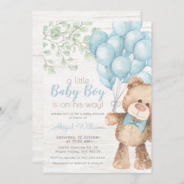 Rustic Watercolor Blue Bear Boy Baby Shower Invitation (Front/Back)