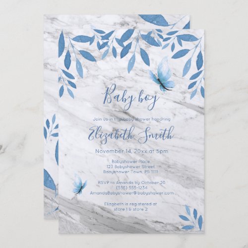 Rustic watercolor blue butterfly floral babyshower invitation