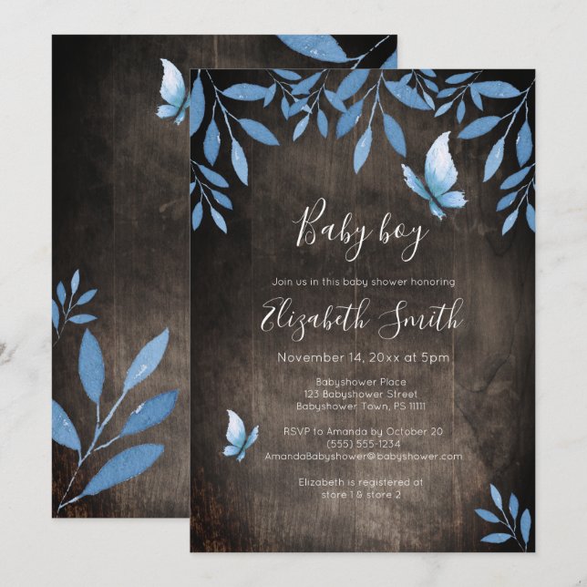 Rustic watercolor blue butterfly floral babyshower invitation (Front/Back)