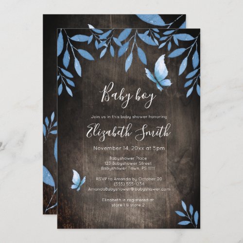 Rustic watercolor blue butterfly floral babyshower invitation