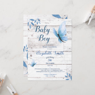Rustic watercolor blue butterfly floral babyshower invitation