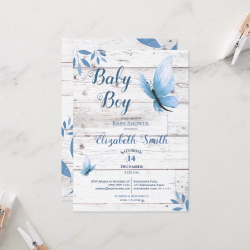 Rustic watercolor blue butterfly floral babyshower invitation