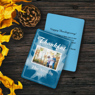 Rustic Watercolor Blue Fall Photo Thanksgiving Foil Holiday Card