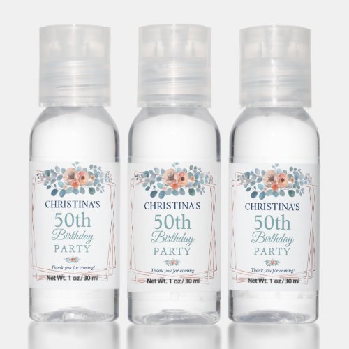 Rustic Watercolor Blue Floral 50th Birthday Party Hand Sanitizer