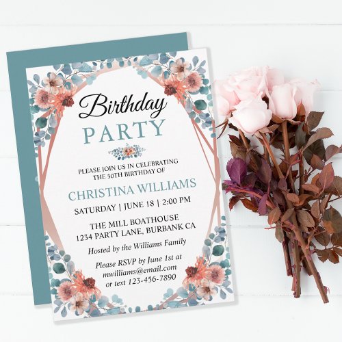 Rustic Watercolor Blue Floral 50th Birthday Party Invitation