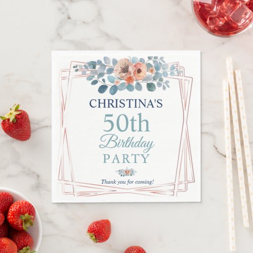 Rustic Watercolor Blue Floral 50th Birthday Party  Napkins