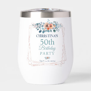 Rustic Watercolor Blue Floral 50th Birthday Party Thermal Wine Tumbler