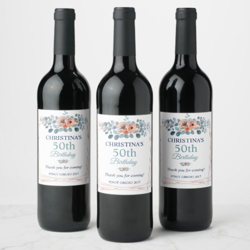 Rustic Watercolor Blue Floral 50th Birthday Party  Wine Label