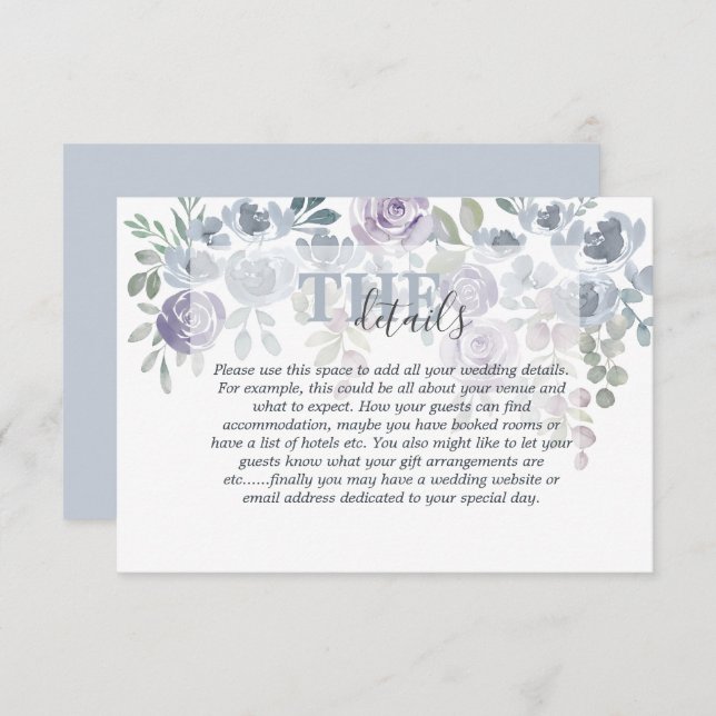 Rustic Watercolor Blue Floral Wedding Details Enclosure Card (Front/Back)