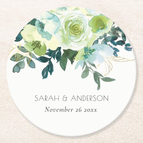 Rustic Watercolor Blue Green Floral Leafy Wedding Round Paper Coaster