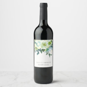 Rustic Watercolor Blue Green Floral Leafy Wedding Wine Label