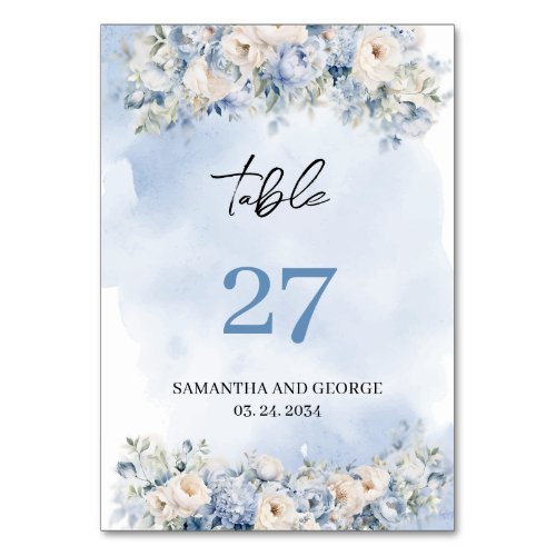 Rustic watercolor blue hydrangea white roses table number