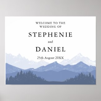 Rustic Watercolor Blue Mountain Wedding Welcome Poster