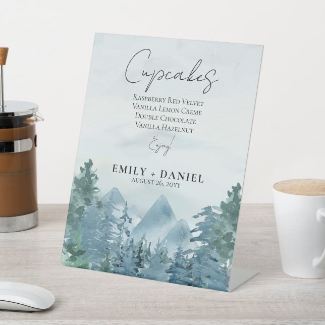 Rustic Watercolor Blue Mountains Wedding Cake Pedestal Sign (In SItu)