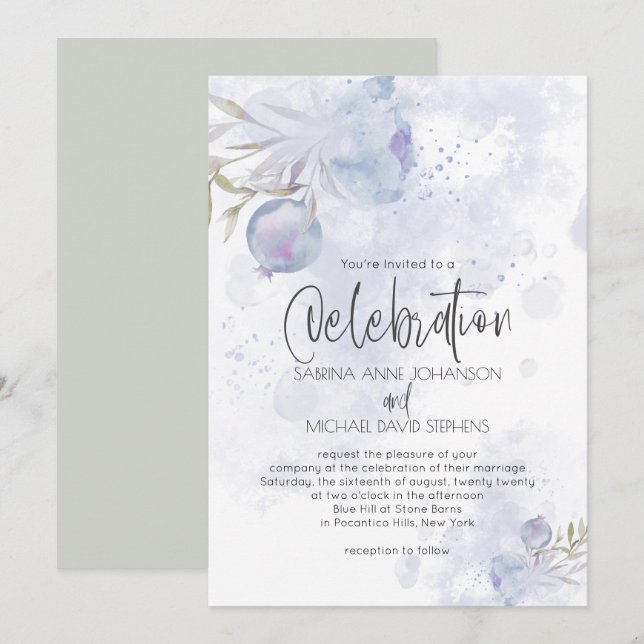 Rustic Watercolor Blue Rose and Rose Hip Invitation (Front/Back)
