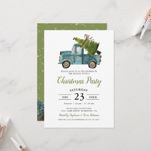 Rustic Watercolor Blue Truck Christmas Party Invitation