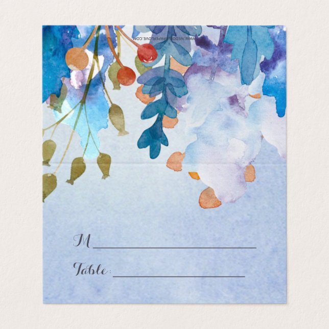 Rustic Watercolor Blue Wedding Business Card (Outside Unfolded)