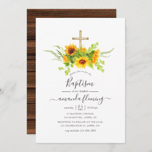 Rustic Watercolor Bohemian Sunflowers Baptism Invitation