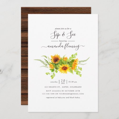 Rustic Watercolor Bohemian Sunflowers Sip and See Invitation