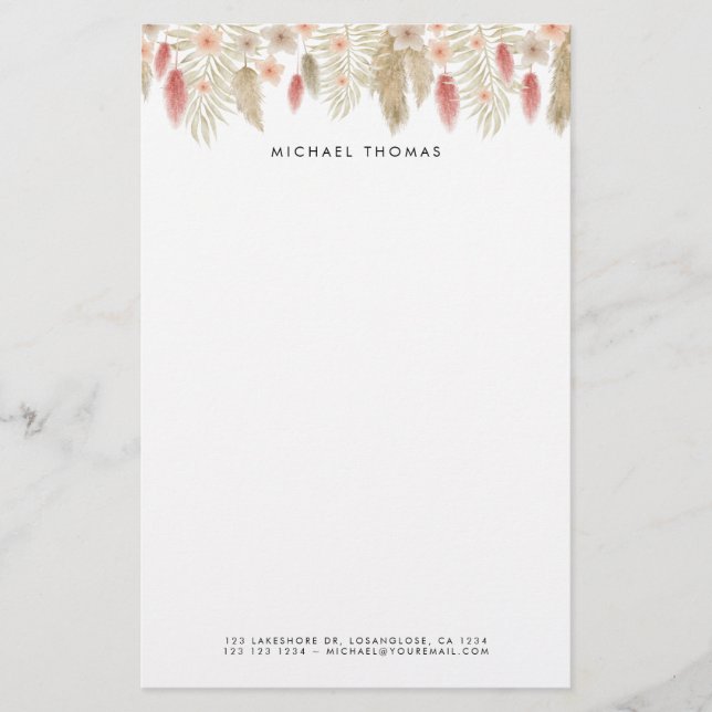 Rustic Watercolor Boho Floral Personalized  Stationery (Front)