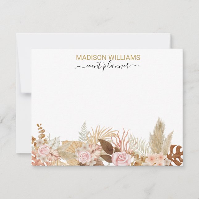 Rustic Watercolor Boho Floral Professional Company Note Card (Front)