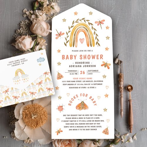 Rustic Watercolor Boho Rainbow Insects Baby Shower All In One Invitation
