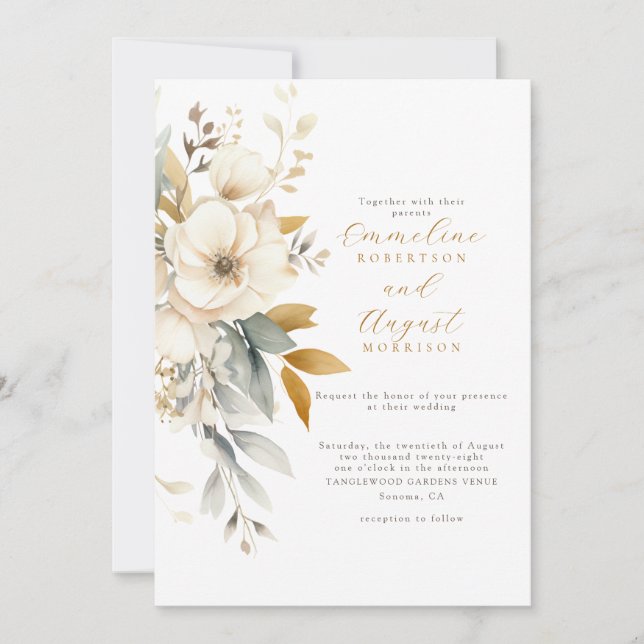 Rustic Watercolor Boho White Floral Wedding Invitation (Front)