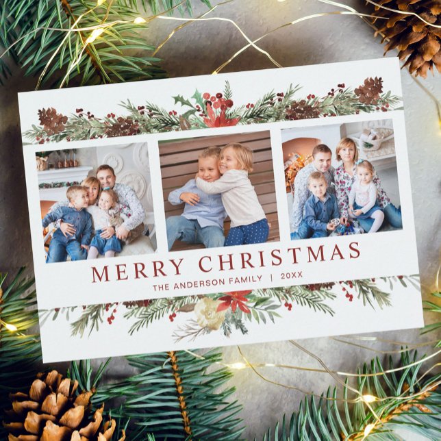 Rustic Watercolor Botanical Christmas 3 Photo  Holiday Card (Creator Uploaded)