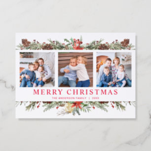 Rustic Watercolor Botanical Christmas 3 Photo Letterpress Photo Cards