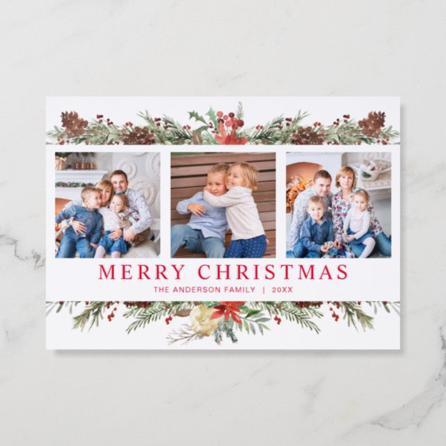 Rustic Watercolor Botanical Christmas 3 Photo  Letterpress Photo Cards (Front)