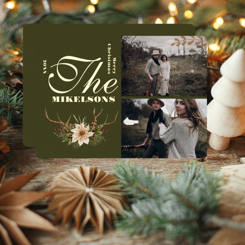 Rustic Watercolor Botanical Christmas Photo Foil Holiday Card
