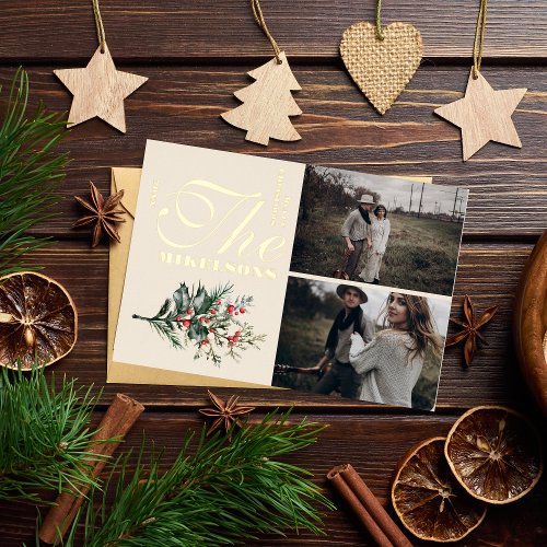 Rustic Watercolor Botanical Christmas Photo Foil Holiday Card