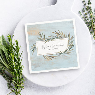 Rustic Watercolor Botanical Herb Blue Wood Wedding Napkins