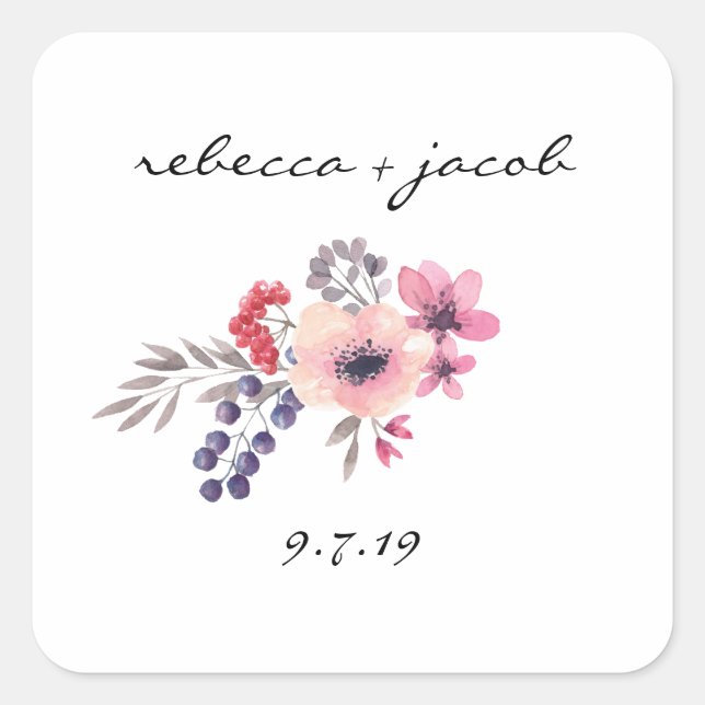 Rustic Watercolor Bride & Groom Wedding Sticker (Front)