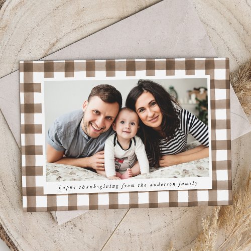 Rustic Watercolor Brown Plaid Photo Thanksgiving Holiday Card