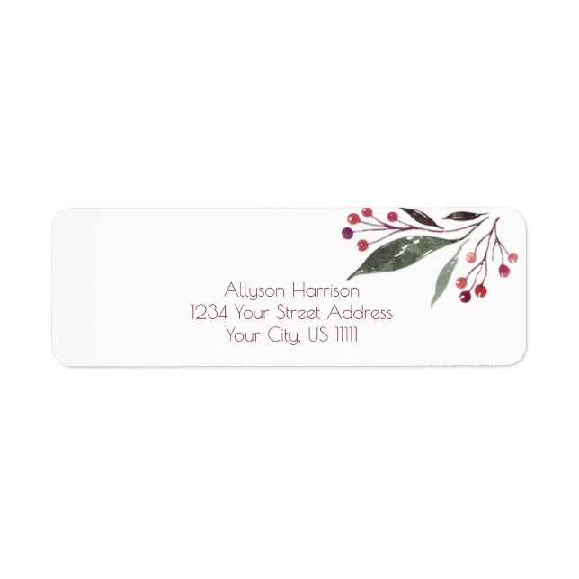 Rustic Watercolor Burgundy Berries Green Leaves | Label (Front)