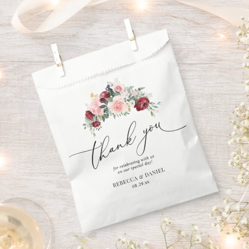 Rustic Watercolor Burgundy Blush Floral Wedding Favor Bag